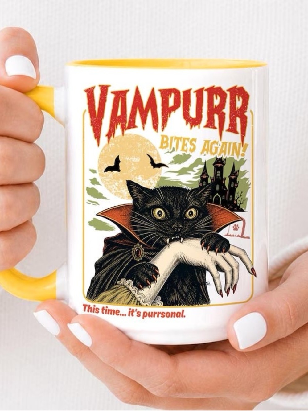 Vampurr Bites Again! Yellow Accent Cat Mug - Novelty Coffee Cup